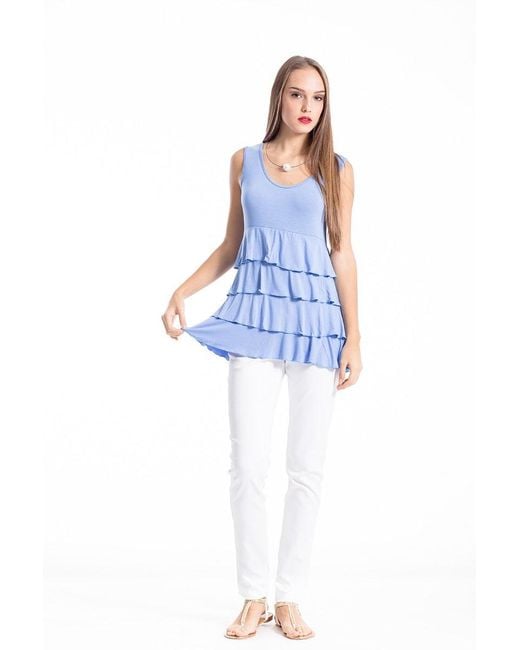Conquista Blue Sleeveless Tiered Frill Top