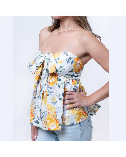 House of Gl Yellow Florea Cotton Front-Tie Smocked Back Tube Top