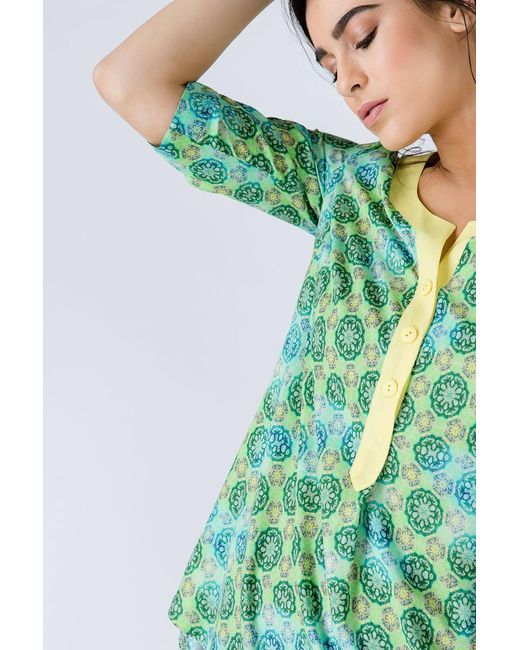 Conquista Green Print Poplin Top With Trim