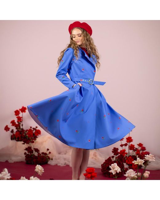 RainSisters Blue Trench Coat With Flower Print: Forget Me Not
