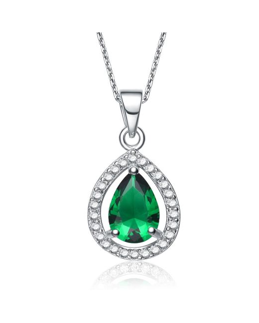 Genevive Jewelry Metallic Sterling Silver Cubic Zirconia Green Pear Shape Necklace