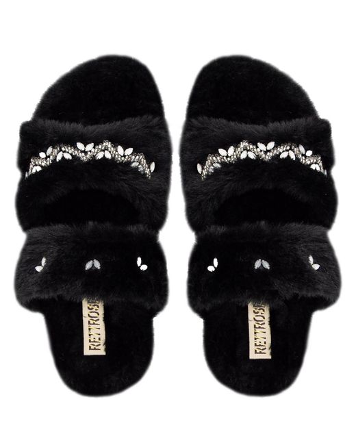 Rettrose Black Myla Luxury Plush Diamanté Embellished Handmade Slipper