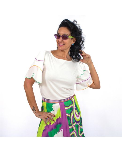 Lalipop Design Blue White Blouse With Laser-cut Colorful Embroidered Sleeves