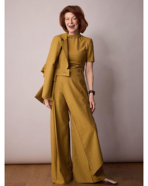 Amanda Thompson Couture Metallic Tilda Asymmetric Top/ Mustard Pinstripe