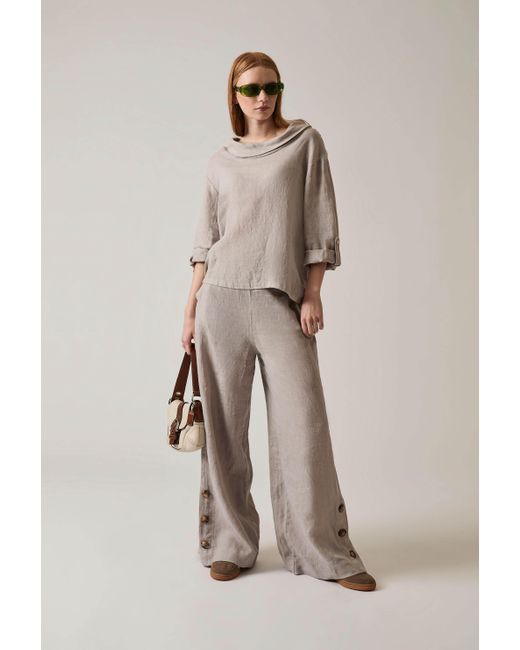 James Lakeland Multicolor Neutrals Cowl Neck Linen Taupe Top