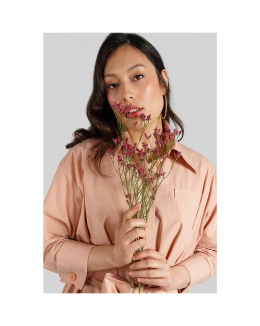 Femponiq Pink Neutrals Belted Gathered Cotton Shirt Dress