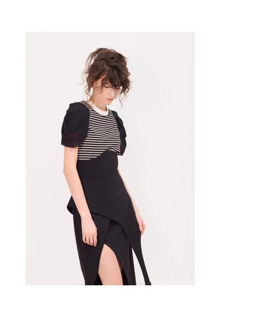 Julia Allert Black Striped Knit Blouse With Mesh Puff Sleeves