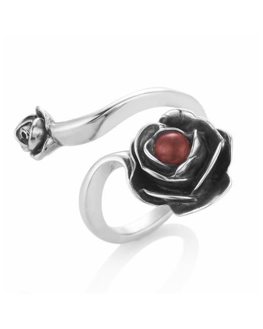 Unaloe Metallic Rose Ring With Natural Ruby– Adjustable Sterling Flower Jewelry