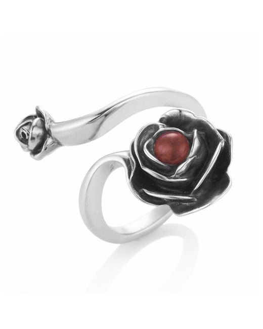 Unaloe Metallic Rose Ring With Natural Ruby– Adjustable Sterling Flower Jewelry
