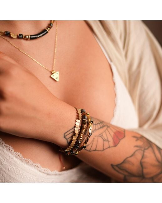 Ebru Jewelry Metallic Twisted Onyx & Dainty Cuff Bracelet