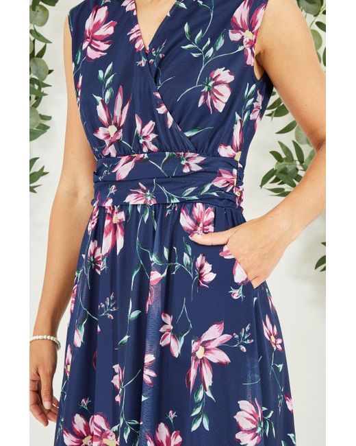 Yumi' Blue Floral Print Mesh Stretch Midi Dress With Pockets