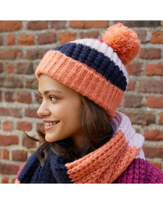 Cara & The Sky Orange Phoebe Stripe Beanie Bobble Hat