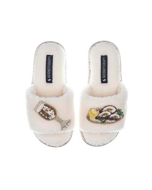 Laines London White Teddy Toweling Slipper Sliders With Glass Of Fizz & Oyster Brooches