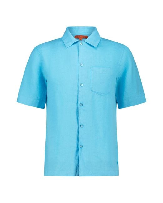 Maison Tangerine Blue Aqua Linen Short Sleeve Shirt For for men