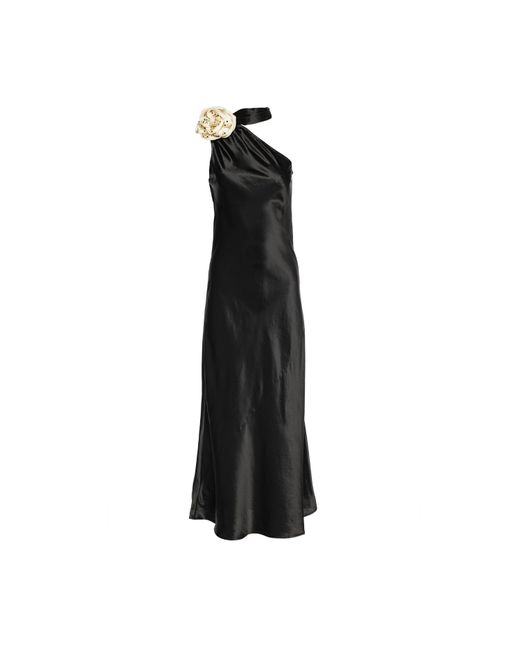 Vasiliki Atelier Black Portia One-sleeve Dress Noir With Crystallised Floral Cream Corsage