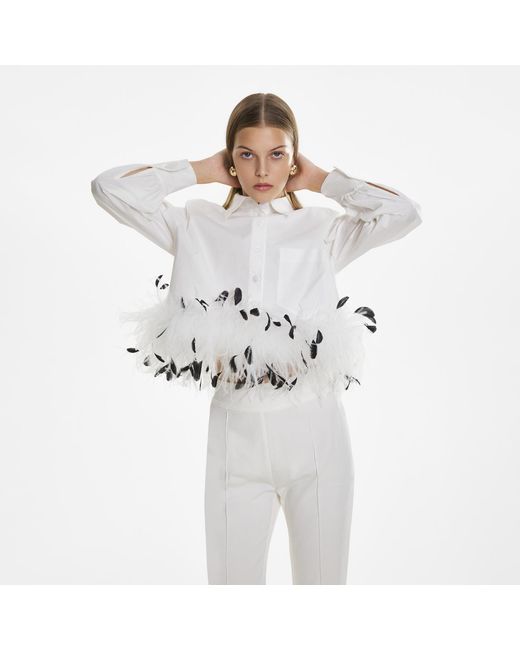 Lita Couture Gray Cropped Feather-Trim Shirt