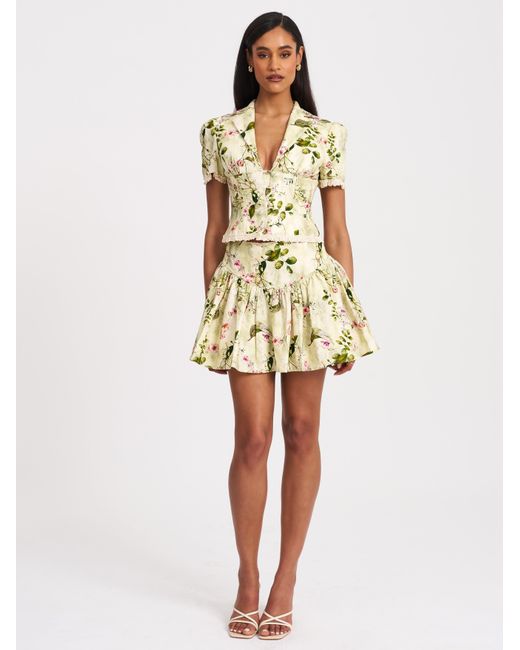 Miss Circle New York Green Zanella Floral Print Lace Trim Linen Top