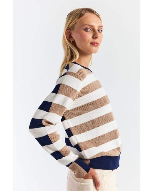 Brodie Cashmere White Mesh Stripe Crew