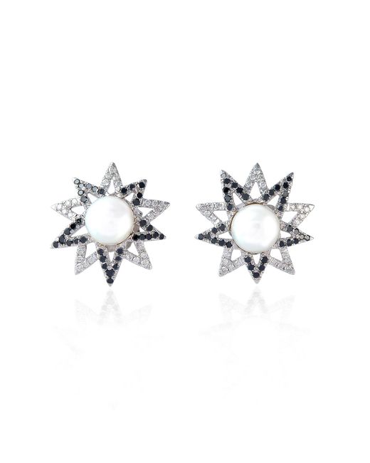 Artisan Metallic 18k White Gold With Black & White Diamond And Pearl Gemstone Star Shape Stud Earrings