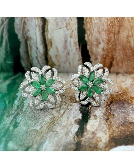 Artisan Green Solid White Gold Natural Diamond Emerald Stud Earrings Handmade Jewelry