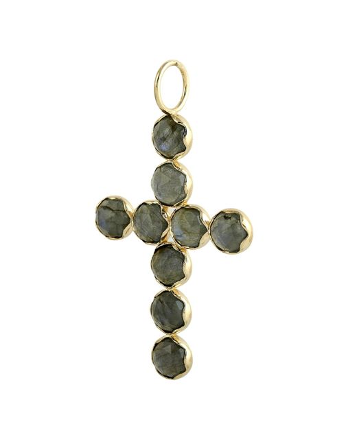 Artisan Green Labradorite Bezel Set Gemstone In 14k Yellow Cross Religious Pendant
