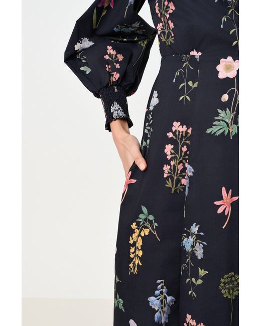 Louche Black Jessie Flower Press Print Frill Neck Midi Dress