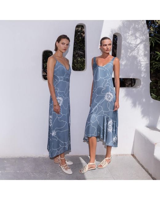 Haris Cotton Blue Printed Satin Maxi Dress With Straps And Ruffled Hem Peonies