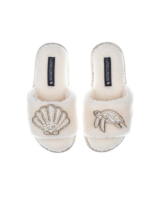 Laines London White Teddy Toweling Slipper Sliders With Beaded Shell & Turtle Brooches