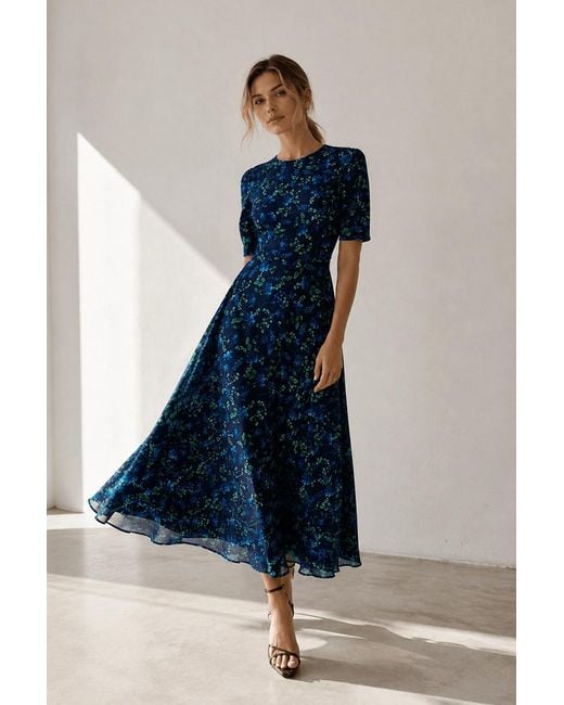 POST MERIDIEM Blue Short Sleeve Floral Midi Dress