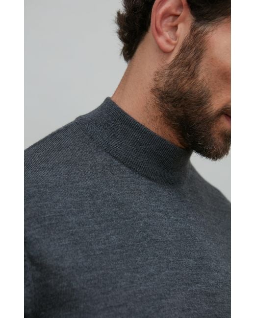 Paul James Knitwear Blue Extra Fine Merino Wool Mock Turtleneck Shaw Jumper for men