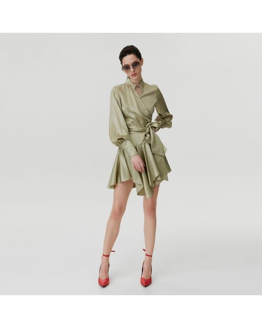 Lita Couture Natural Ruffle Hem Silk Wrap Dress