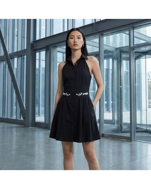 Modenaire Black Embroidered Halter Mini Dress