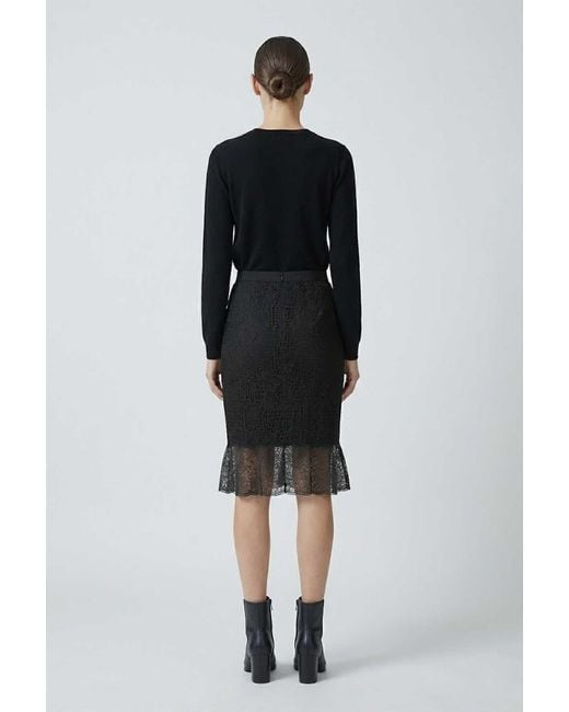 Conquista Black Textured Pencil Skirt With Lace Flounce Hem