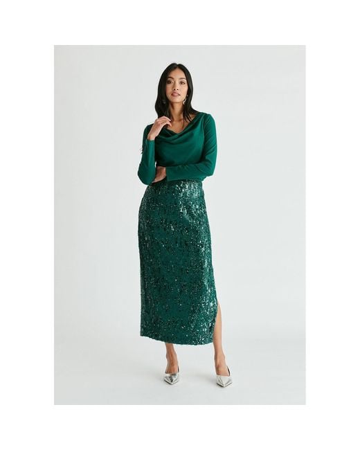 Paisie Green Sequin Midi Skirt With Side Slit