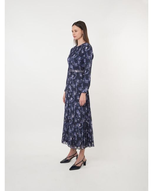 John Abgin Blue Chiffon Floral Textured Pleated Maxi Dress