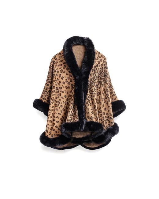 Saachi Brown Cheetah Print Burly Wood Kimono Faux Fur Cape
