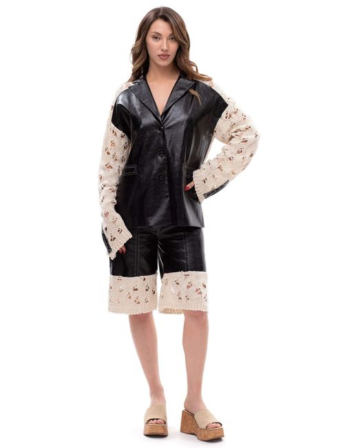Maison Bogomil Black Edge Contrast – Cropped Eco-Leather & Knit Shorts