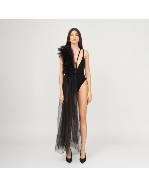 LIA ARAM Black Raw Edge Ruffled Bodysuit