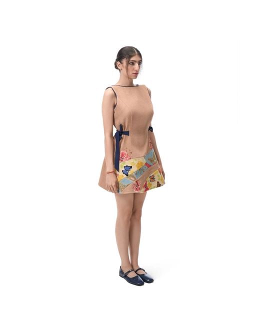 Rondooz White Hand Painted Corduroy Mini Dress With Antique French Gobelin Tapestry & Hand Applied Embellishment