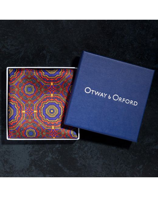 Otway & Orford 'whirligig' Medallion Silk Pocket Square In Red, Green, Blue & Gold. Full-size. for men