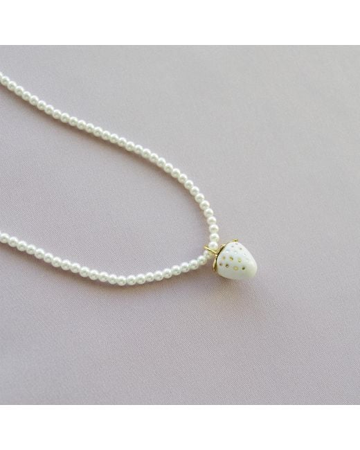 POPORCELAIN Metallic Mini Porcelain Strawberry Swarovski Pearl Necklace
