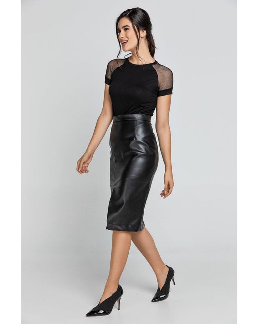 Conquista Black Faux Leather Pencil Skirt By Fashion