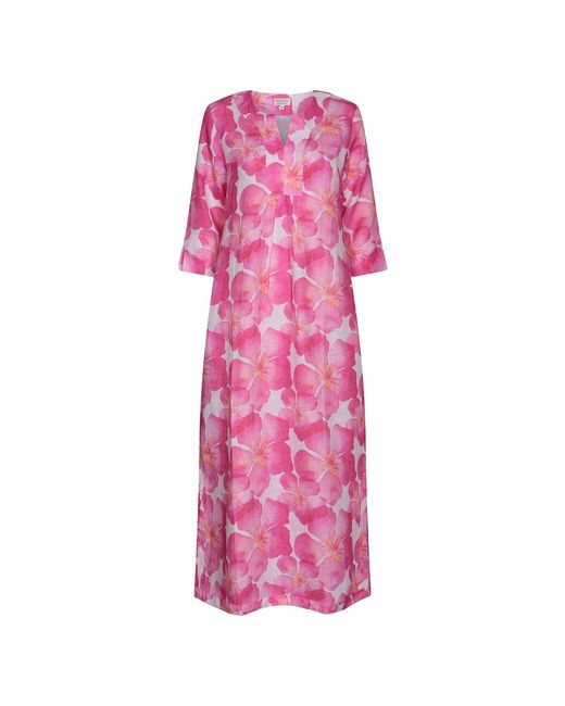 NoLoGo-chic Pink Life Style Oleander Print Linen Maxi Dress