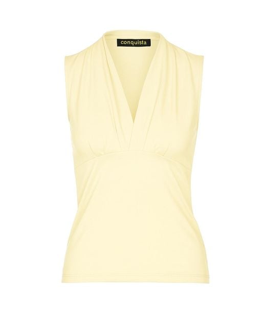 Conquista Yellow Neutrals Cream Sleeveless V-Neck Jersey Top – Stretch Cotton-Blend Fabric
