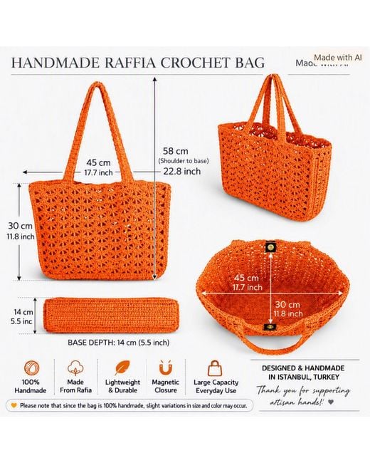 Springmoonatelier Orange Luxury Handmade Raffia Oversized Bag – Large Crochet Shoulder And Beach Bag