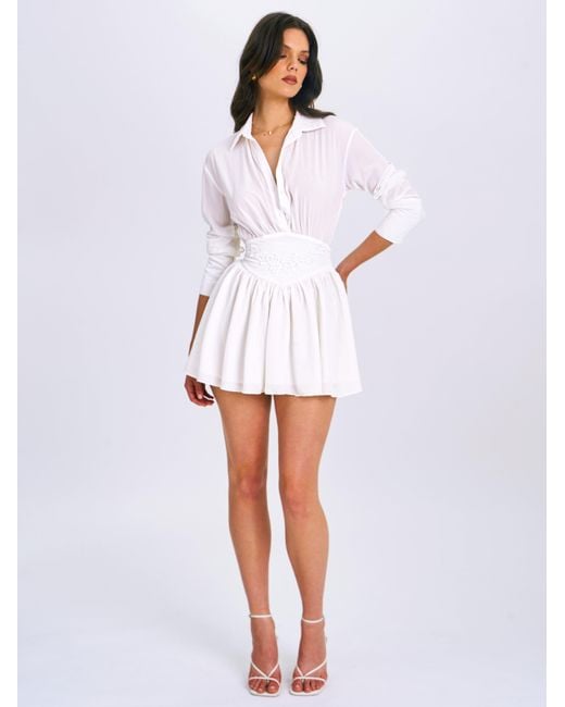 Miss Circle New York White Jamila Shirt Mini Dress With Embroidered Waist Detail