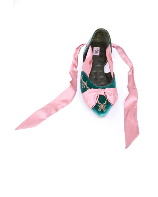 Natalia Petruch Clotilde Velvet Embroidered Flats With Silk Bow & Straps