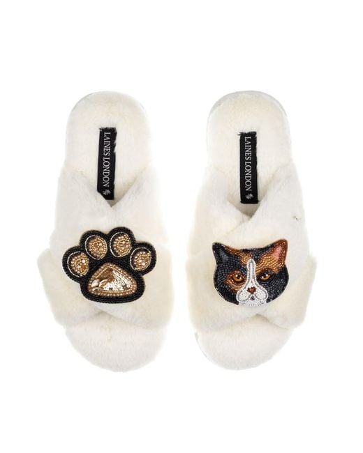 Laines London White Neutrals Classic Laines Slippers With Paw & Domestic Shorthair Calico Cat Brooches