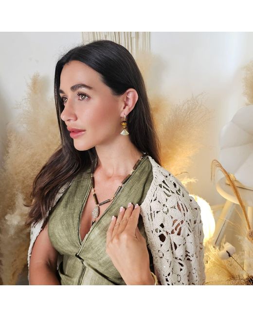 Farra Metallic Elegance Tiger-Eye Stone With Fan Dangle Earrings