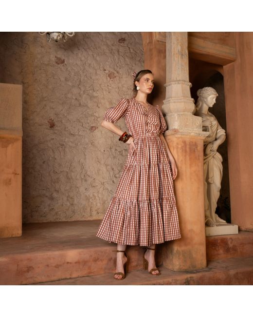 Echo of Pink Red Charlotte Gingham Hand Block Print Cotton Midi Dress